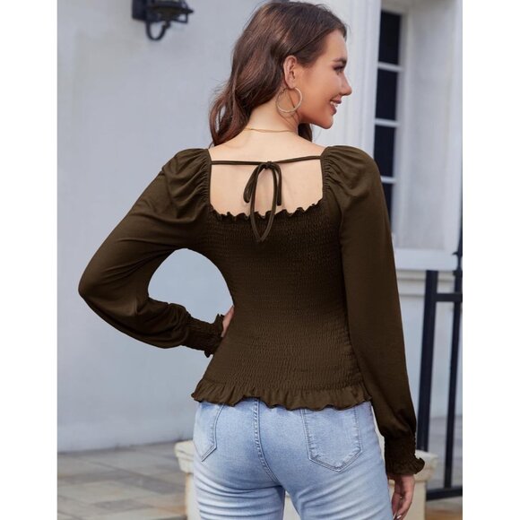 🍒 2/$20 🍒 Brown Long Sleeve Square Neck Puffed Shoulder with Tie on Back, sz S - Picture 2 of 3